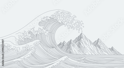 Detailed black and white line art illustration showing a powerful ocean wave crashing against tall jagged mountain peaks in a classic japanese artistic design style
