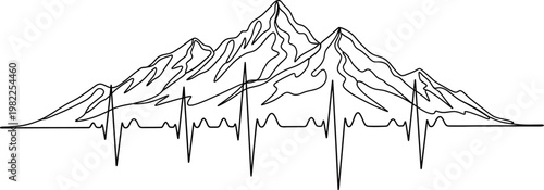 Continuous line drawing of majestic mountain peaks intertwined with a dynamic heartbeat pulse, symbolizing adventure, nature's passion, and life's thrill on a clean white background.