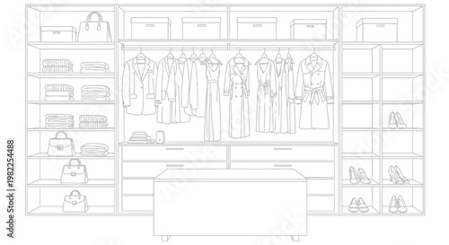 Modern walk in closet interior design with organized hanging clothes racks shelves for shoes and handbags illustrated in a clean professional minimalist black and white style