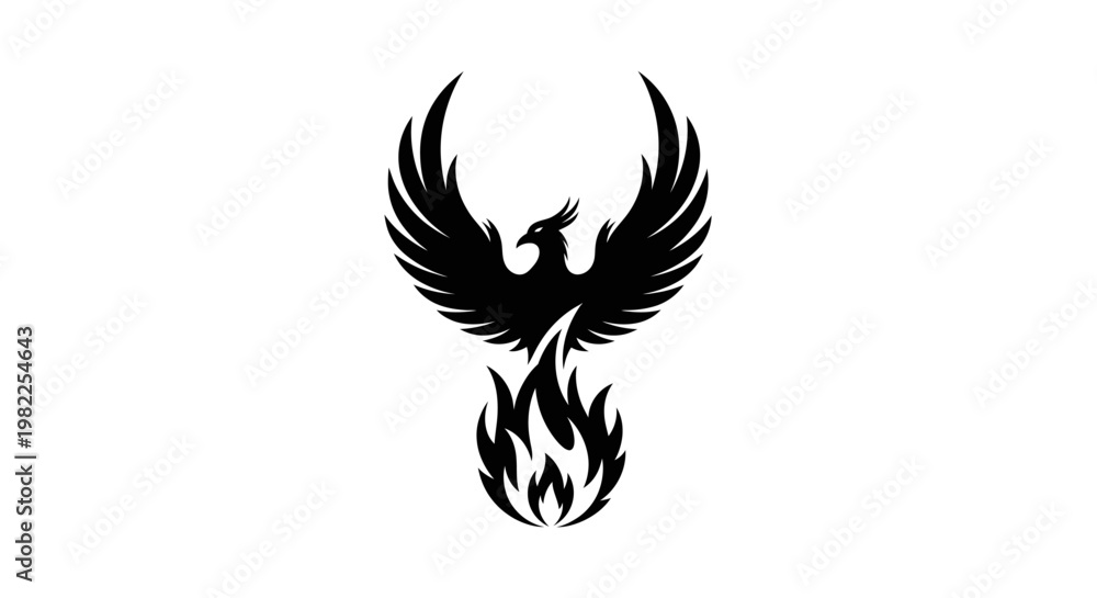 Fototapeta premium Black phoenix bird illustration rising from flames on white background