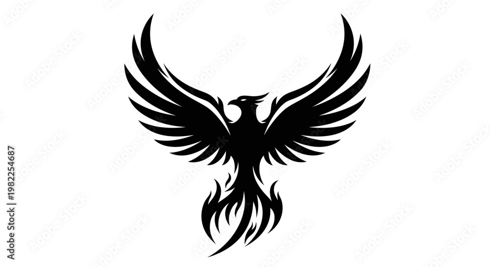 Fototapeta premium Black phoenix silhouette soaring against white background symbolizing rebirth