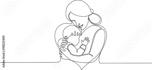 Single continuous line drawing of a loving mother gently embracing her small baby while creating a beautiful heart shape with her arms and their bodies