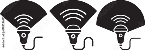 Three microphones with wifi signals on white background