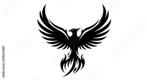 Black phoenix silhouette soaring against white background symbolizing rebirth