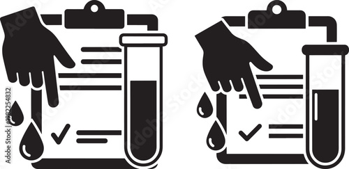 Medical test clipboard icon with hand pointing, test tube and drops