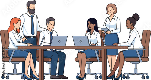 Diverse business team working together in a modern office meeting using laptops and collaborating on a corporate project vector