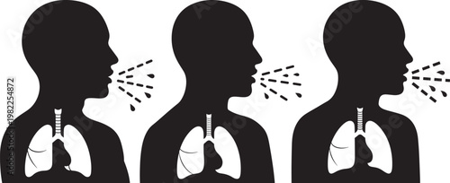 Human silhouette coughing illustration with lungs and airborne droplets
