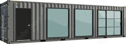 Modern gray shipping container house vector illustration featuring large glass windows and sliding doors for tiny home living architecture