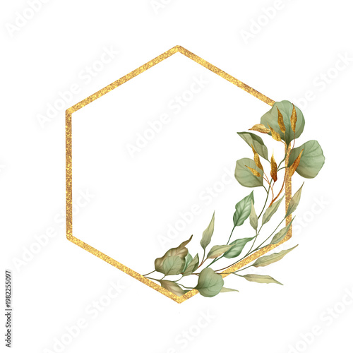Modern gold hexagonal frame decorated with hand drawn green leaves and branch...