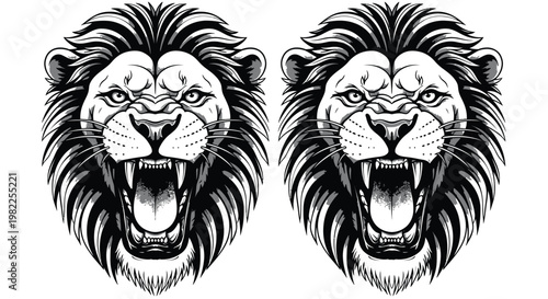 Two fierce lion heads with open mouths and sharp teeth