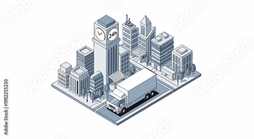 Isometric 3D Logistics and Supply Chain Concept with Delivery Truck and 24h Clock Tower in Modern Urban Cityscape Illustration
