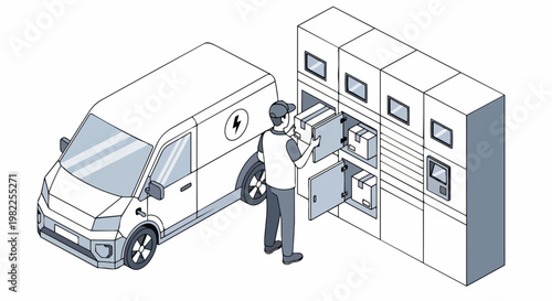 Isometric Illustration of Courier Delivering Packages from an Electric Van to Automated Smart Parcel Lockers