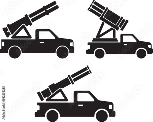 Three pickup trucks with rocket launchers icons