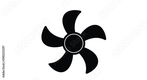 A minimalist black and white illustration of a five bladed fan centrally positioned on a white background