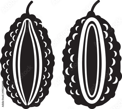 Two halves of bitter melon fruit on white background