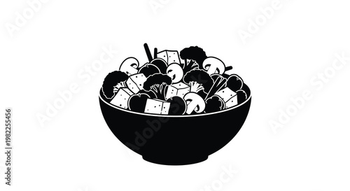 A black and white illustration depicts a bowl filled with tofu broccoli and mushrooms high quality
