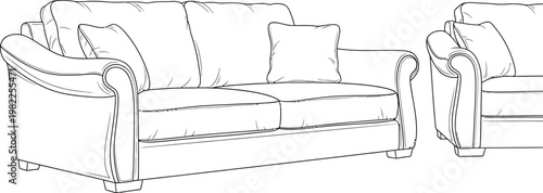 Detailed line art illustration of a classic two-seater sofa with rolled arms and decorative cushions, perfect for interior design and furniture catalog projects.