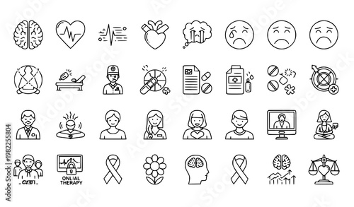 A collection of mental health icons and illustrations in a minimalist line art style