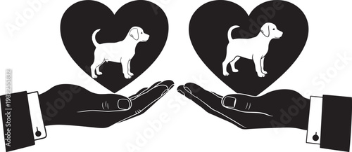 Caring hands offering puppies in hearts kindness and charity concept