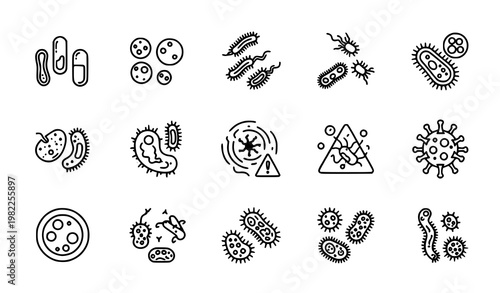 A set of black and white vector icons depicting various bacteria and viruses