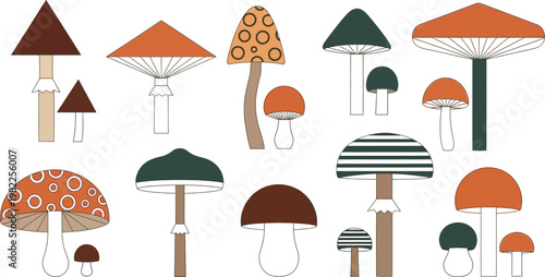 Whimsical assortment of stylized mushrooms in various colors and patterns Vector