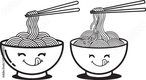 Happy noodle bowls with chopsticks