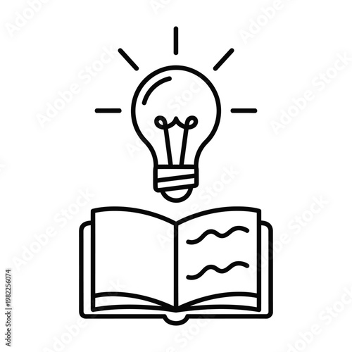 Open book with light bulb above symbolizing knowledge and ideas black and white knowledge learning education