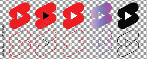 Set of modern social media short video play icons in red black and gradient colors for content creators and editors.