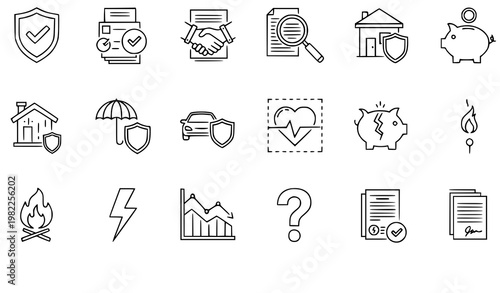 A set of line art icons representing various financial and security concepts