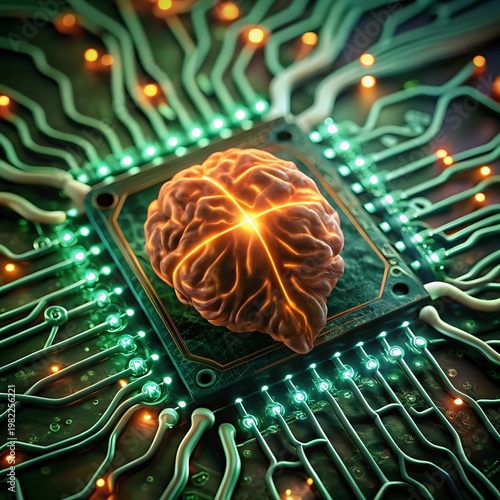 Human brain resting on a hightech computer processor chip with glowing circuits