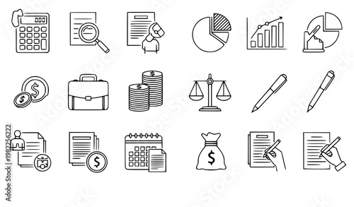 A collection of line art icons representing various business and finance concepts