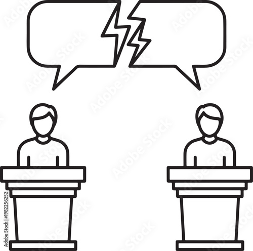 Two people debating at podiums with broken speech bubble