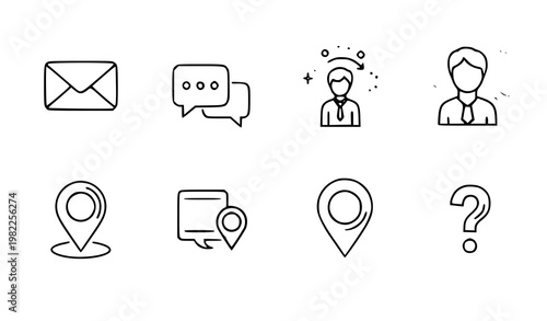 A set of modern line art icons representing communication and navigation concepts
