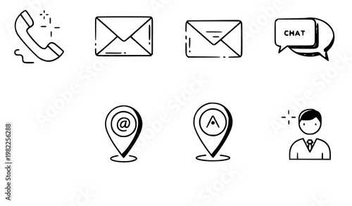 A set of modern line art icons for communication and contact information