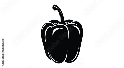A striking black and white illustration depicts a single stylized bell pepper with a stem