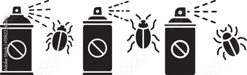 Pest control spray can icon set with bugs silhouette