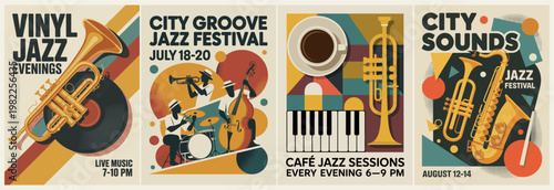 Vibrant jazz posters with instruments and dynamic shapes. Trumpets, drums, and keyboards fill the colorful designs. Each poster announces live music nights with specific times