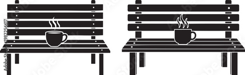 Bench with steaming coffee cup relaxing outdoor seating park