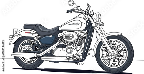Detailed illustration of a vintage cruiser motorcycle featuring a sleek cream colored gas tank and chrome engine parts showcased on a clean white graphic background