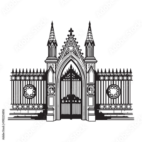 Intricate Gothic style entrance gate with ornate designs and twin spires