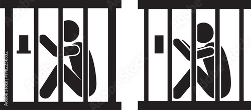 Prisoner in jail cell, behind bars, desperate icon silhouette