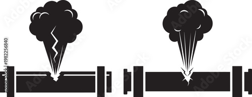 Broken pipeline with escaping steam and pressure symbol icon