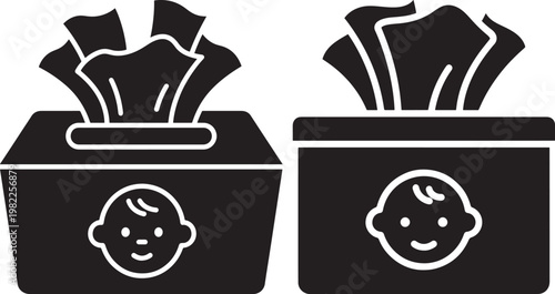 Baby wet wipes box with icon and soft tissues emerging