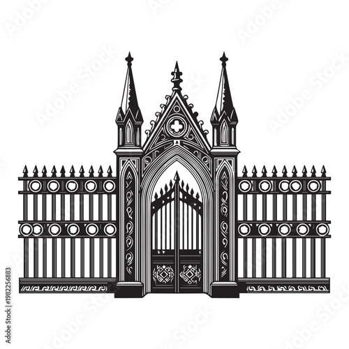 Intricate Gothic style gate with ornate fencing and twin spires