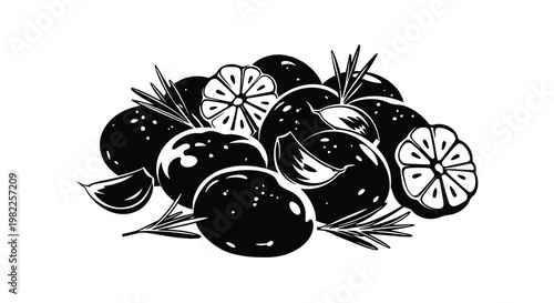 A black and white illustration depicts a cluster of citrus fruits including lemons and limes with leaves