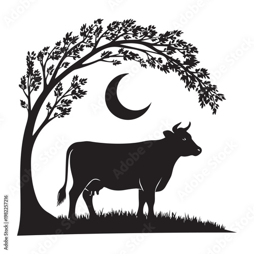 Moonlit silhouette of a cow grazing beneath a tree with a crescent moon above
