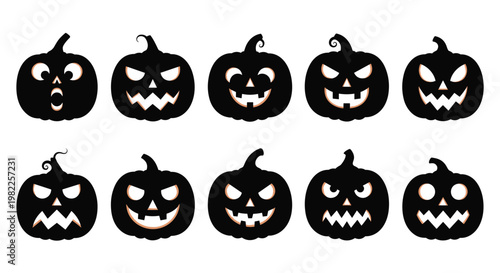 Set of ten black silhouette jack o lantern pumpkin faces with different spooky and funny expressions for design.