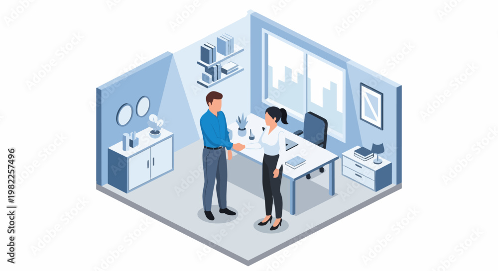 Naklejka premium Isometric Illustration of Business Partners Shaking Hands in Modern Office, Concept of Successful Deal, Agreement, and Recruitment
