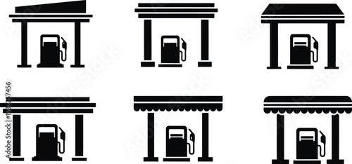 Collection of black vector gas station and fuel pump icons, ideal for web design.