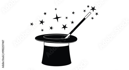 A black magic hat with a wand and sparkling stars silhouette